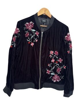 a.n.a Black Velvet Bomber Jacket Pink Floral Embroidery Full Zip Roses Lined XL